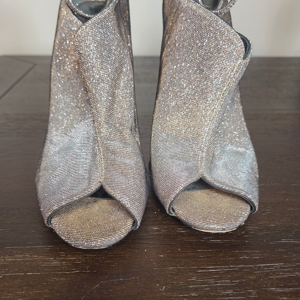 B Brian Atwood Glitter Metallic Stiletto Sandals 10 Peep Toe Evening Heels - Picture 11 of 11